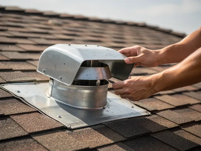 Pataskala Dryer Vent Cleaning certified technician safely cleaning a roof-mounted dryer vent in Pataskala