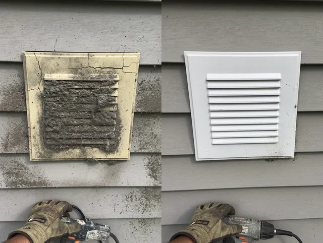 Pataskala Dryer Vent Cleaning technician installing high-quality dryer vent cover at a residential property in Pataskala